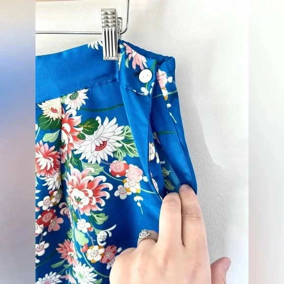 Vintage Blue Floral Satin Kimono Top & Wide Leg Pants Asian Boho 2 Piece Set - Picture 13 of 15